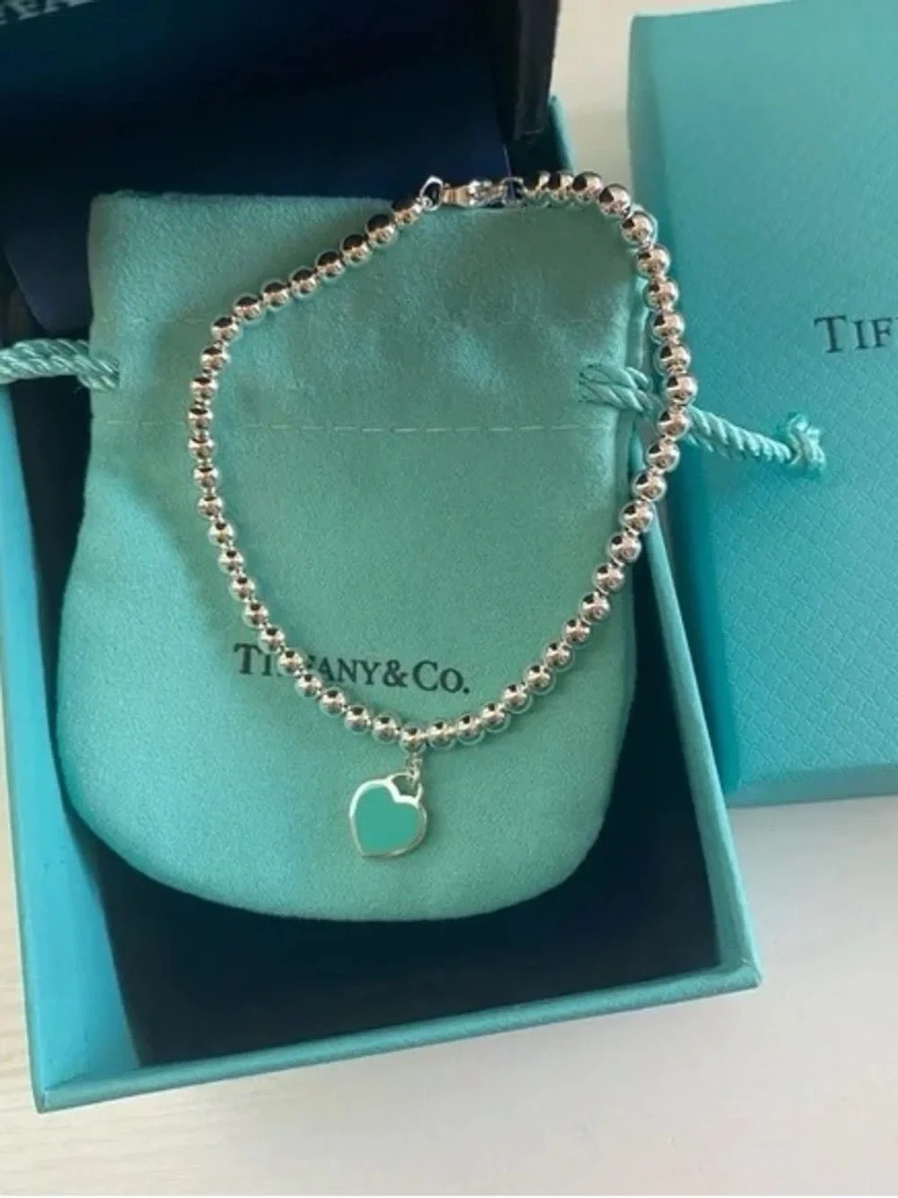 Tiffany & Co. Silver Bead Bracelet with Turquoise Heart Charm